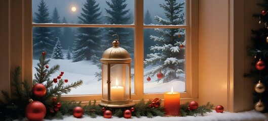 Poster - Frozen window at christmas night,  trees in the snow, big candles, lights.. AI generated