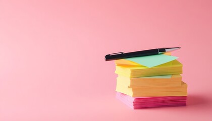 Wall Mural - Stack of Sticky Notes with Pen on Pink Background