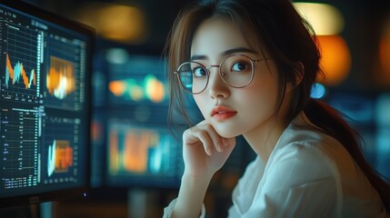 Poster - Young Analyst Observing Stock Market Trends. Young woman wearing glasses looks thoughtfully at financial graphs on computer monitors, representing analysis of stock market trends and data.