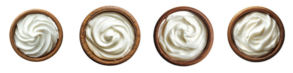 Aufkleber - An isolated white background shows a sour cream in wooden bowl, mayonnaise, and yogurt, with full depth of field.