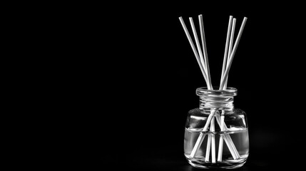 Aromatherapy reed sticks and an air refresher bottle with liquid fragrance oil, isolated on a black background. Black and white design. 