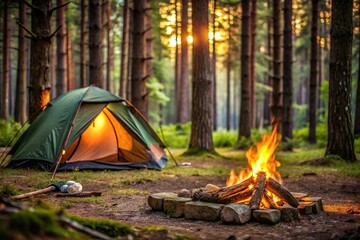 Wall Mural - Cozy camping scene with tent and campfire in forest