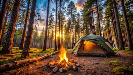 Sticker - Cozy camping scene in forest with tent and campfire from a low angle perspective