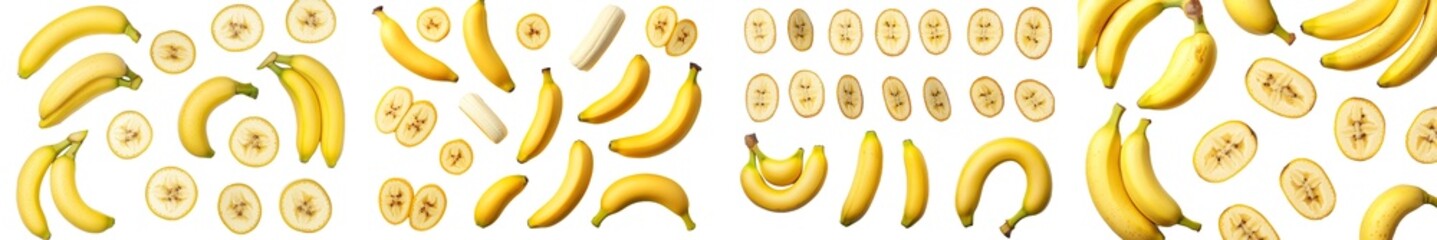 Poster - An isolated banana set, with peeled fruit, on a white background, with full depth of field