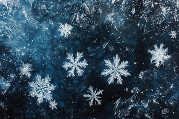 Leinwandbilder - Delicate snowflakes float amidst shimmering icy lines, capturing the quiet beauty of a winter landscape under chilly conditions. Generative AI