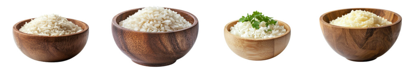 Poster - Full depth of field shot of rice in wooden bowl, isolated on white background