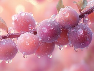 Sticker - Enchanting Plum Branch with Water Droplets on Soft Coral Background in 3D Rendering