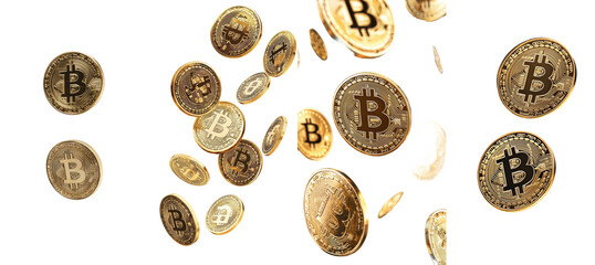 Poster - Isolated on white background, a falling bitcoin is in focus