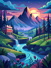 Wall Mural - A Serene Sunset Landscape with a Mountain, River, Waterfall, and an Ancient Structure