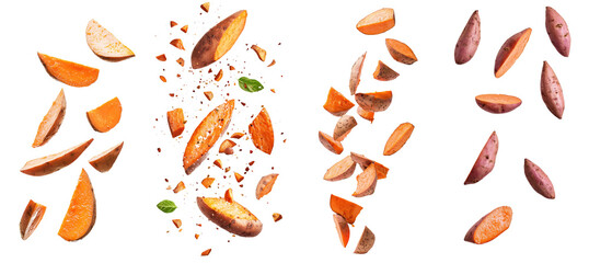 Aufkleber - Intense depth of field of falling sweet potato, yam against a white background
