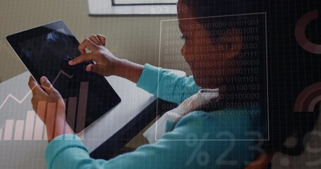 Poster - Interacting with tablet, child overlaid with financial data and binary code animation
