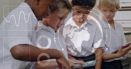Poster - Children using tablets, digital world map and data processing animation over them