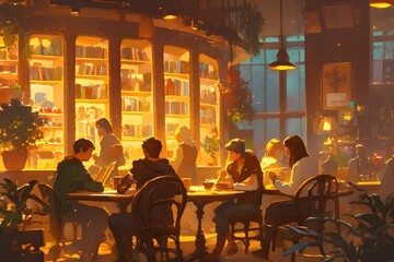 Cozy indoor caf�� scene with people enjoying drinks and reading by warm lights.