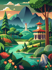 Wall Mural - Scenic Mountain Landscape with River, Pagoda, and Tower