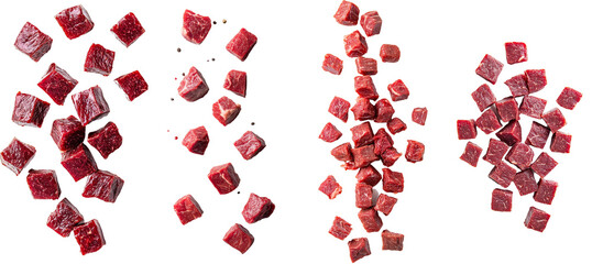 Poster - Full depth of field, falling beef cube on a white background
