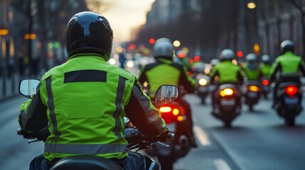 Wall Mural - A group of motorcyclists wearing safety vests ride down a city street at dusk.