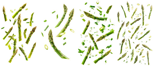 Aufkleber - Falling asparagus isolated on white background, depth of field full