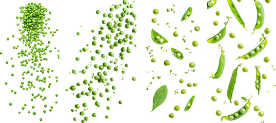 Wall Mural - A falling green pea, isolated on a white background, with full depth of field