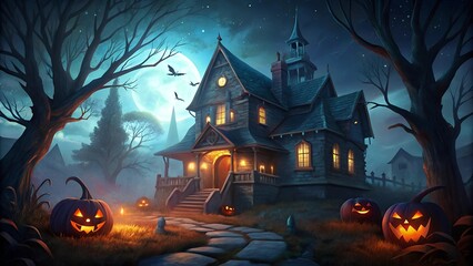 A spooky Halloween night scene featuring a haunted house with eerie lights in the windows and glowing jack-o' lantern decorations