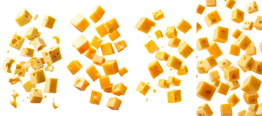 Wall Mural - Full depth of field shot of falling cheese cube, isolated on white background