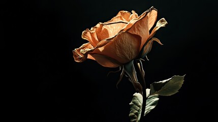 Wall Mural - Dried rose with delicate petals, dramatically lit against a dark black background, highlighting textures.