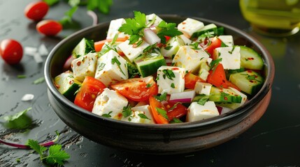 Kachumber salad Indian salad with vegetables cucumber tomato onion and tofu cheese on a black table Paneer Vegetable Salad Recipe Low Carb Diet Food Cheese Cubes With Green Veggies