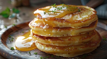 Poster - Appetizing syrniki cottage cheese pancakes sprinkled with sweet condensed milk Delicious and nutritious breakfast
