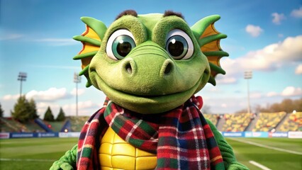 Green Dragon Mascot Wearing Plaid Scarf at a Soccer Stadium