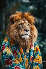 Poster - A lion wearing a colorful jacket sitting on a bench