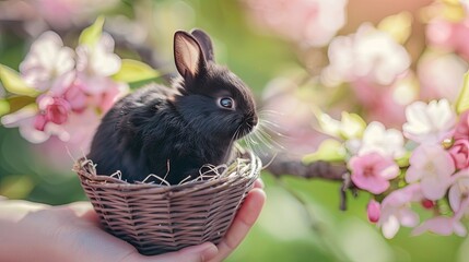 adorable cute bunny rabbit in hand against blossom cherry apple tree in park or garden black small animal in knitted basket easter spring is coming domestic pet sunny day