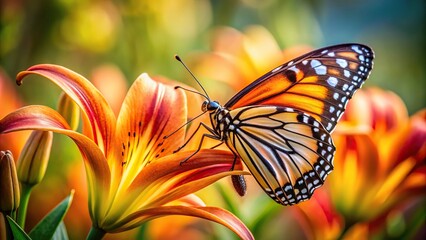 Wall Mural - Extreme close-up shot of a butterfly perched on a lily flower with a blurred background