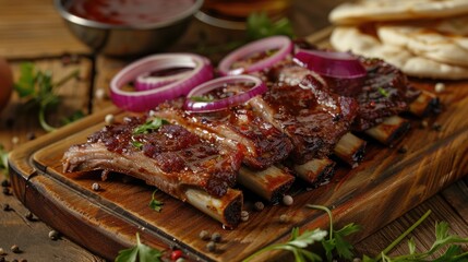 Fried mutton ribs meat with red onion rings sauce and pita bread on the wooden board on the wooden table Close up perspective view shallow depth of field Meat sauce and onion in focus