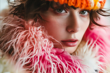 Canvas Print - A woman wearing a pink and orange hat and a pink fur coat