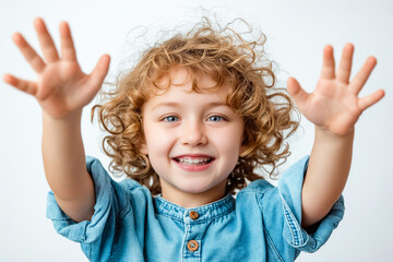 Poster - A little girl with curly hair and a blue shirt is smiling and waving her hands