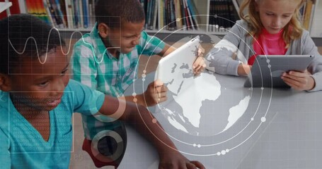 Poster - Children studying with tablets and books, world map and data animation over them