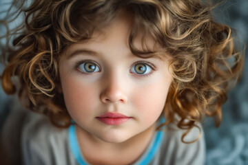 Poster - A little girl with curly hair and blue eyes looking at the camera