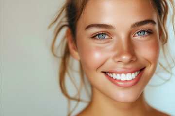 Canvas Print - A woman with blue eyes and white teeth smiling at the camera