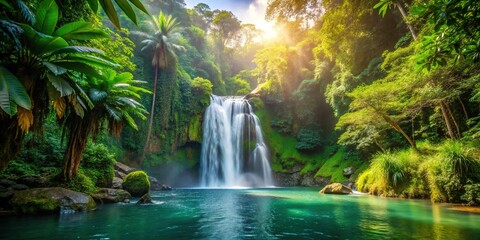 Wall Mural - eye level view of a beautiful tropical waterfall surrounded by lush green jungle