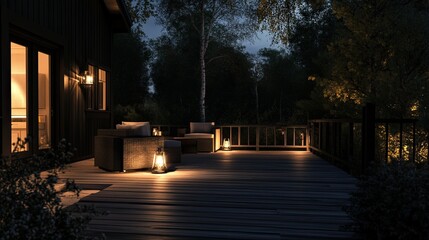 Sticker - Nighttime scene of a deck with warm spotlight lighting, enhancing the cozy outdoor setting.