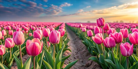 Field of pink tulips blooming in natural landscape