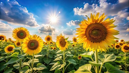 Wall Mural - Field of vibrant sunflowers with sun shining overhead