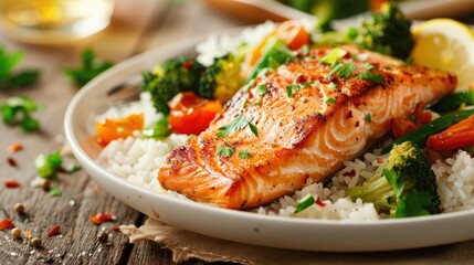 Poster - Crispy fried salmon filet with broccoli tomato vegetable and rice parsley and lemon zest garnish served on a white plate on a rustic wooden table copy space selected focus narrow depth of field