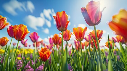 A field with bright colorful tulips under an open sky under the sun