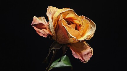 Wall Mural - Studio shot of a dried rose with soft shadows, set against a deep black background, capturing its faded elegance.