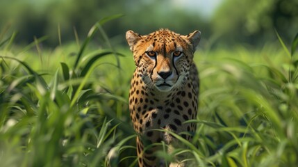 The cheetah stands in a lush green field its unique spots and alert expression capturing the viewer s attention