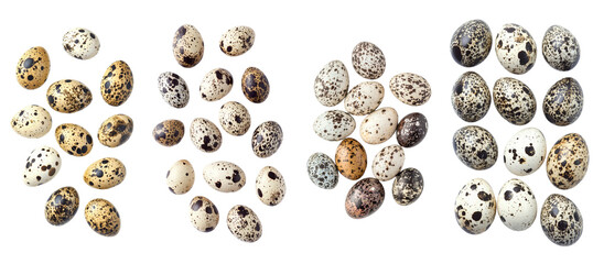 Aufkleber - In full depth of field, a falling quail egg falls to the ground isolated on white background