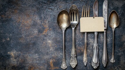 Fototapete - Vintage silverware set with an empty tag for text, placed on a rustic surface, creating an antique aesthetic.