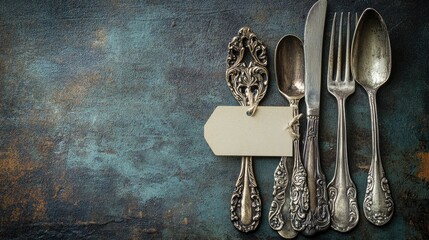 Fototapete - Vintage silverware set with an empty tag for text, placed on a rustic surface, creating an antique aesthetic.