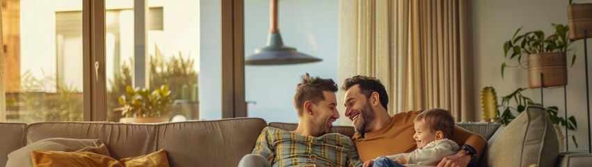 young gay couple at home with little boy