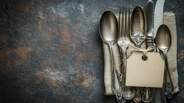 Vintage silverware set with an empty tag for text, placed on a rustic surface, creating an antique aesthetic.